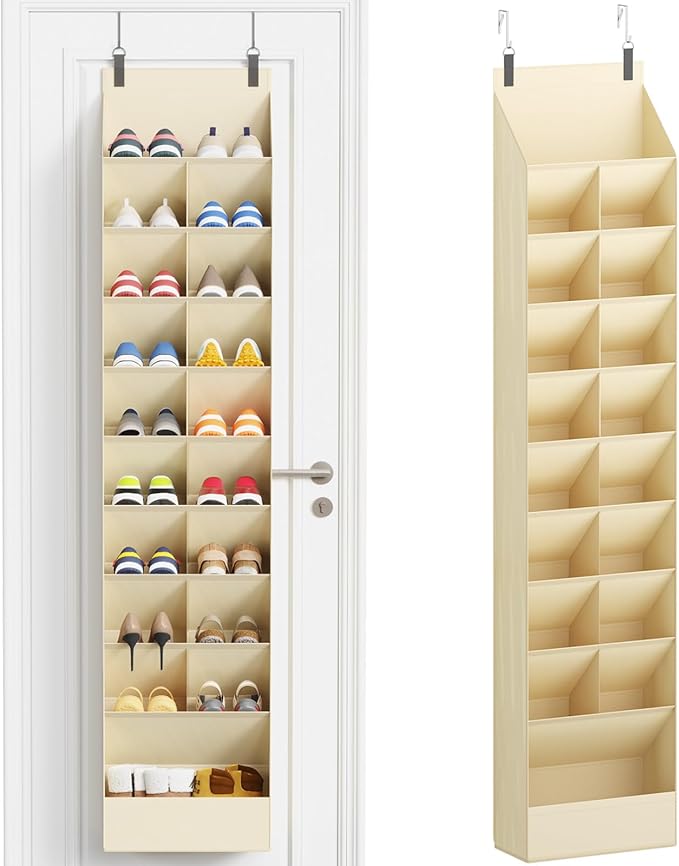 10 Tier Over the Door Shoe Organizer with 19 Large Deep Pockets, Beige