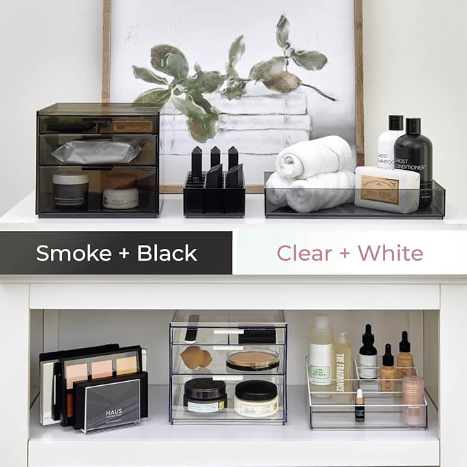 Plastic Makeup Drawer Organizer Tray, Clear/Matte White