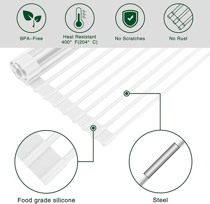 HANZENMA Roll Up Dish Drying Rack Over The Sink Kitchen Roll Up Sink Drying Rack Multipurpose Foldable Sink Drying Mat, Heat-Resistant, Anti-Slip & Anti-Rust Dish Rack for Kitchen, 20.5" x 13", White