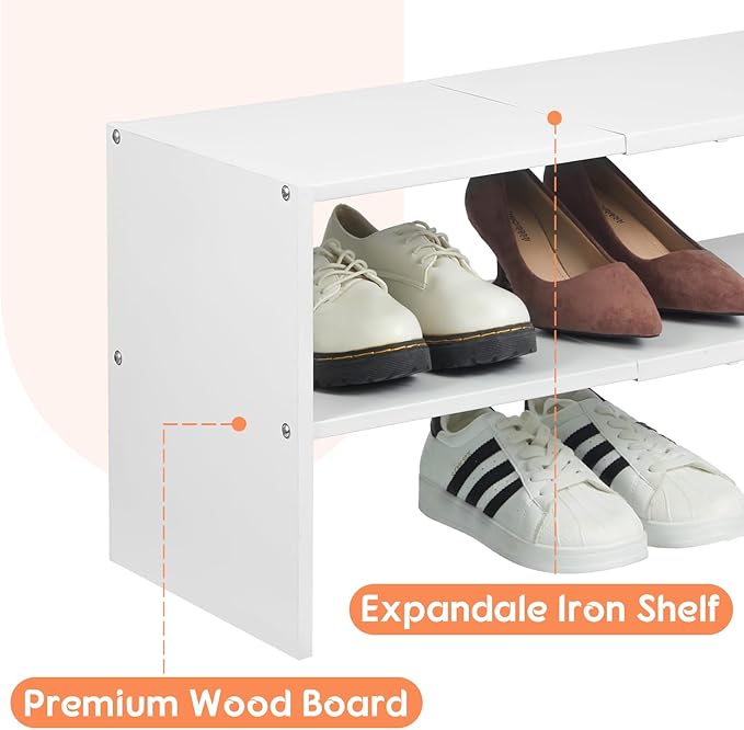 2-Tier Expandable White Shoe Rack Organizer for Closet