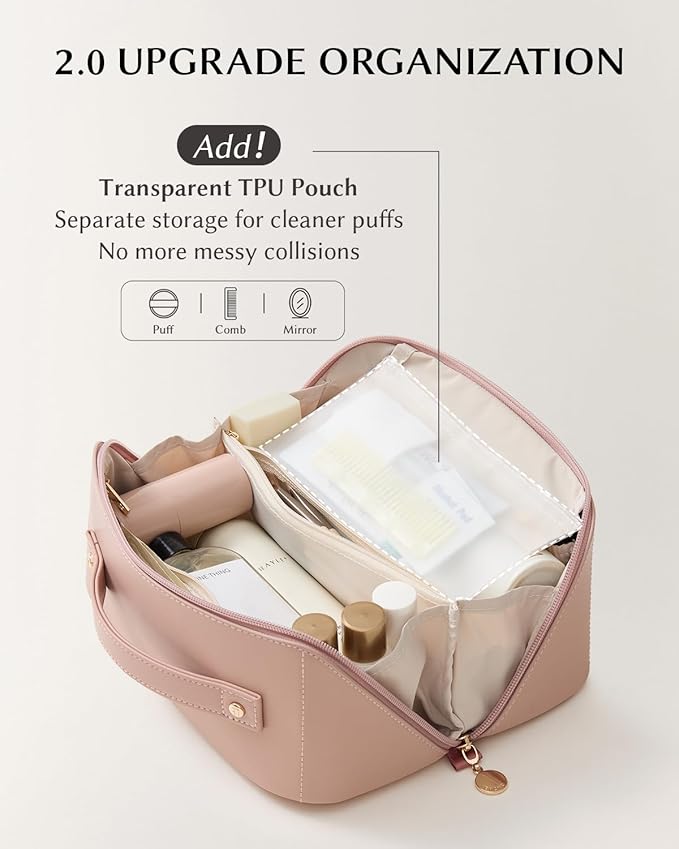 EACHY Travel Makeup Bag, Large Capacity Cosmetic Bag for Women, Waterproof PU Leather, Flat Open Portable Toiletry Bag for Skincare, Brushes & Travel Essentials