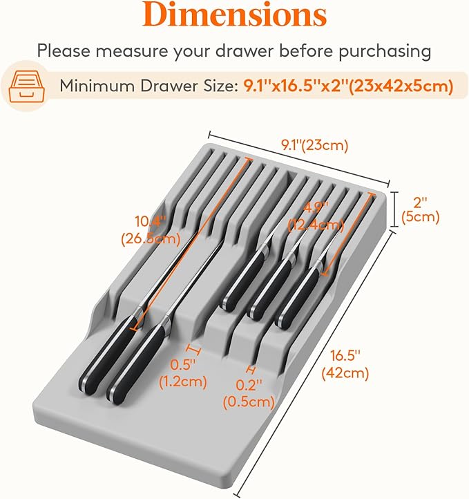 Lifewit Magnetic Drawer Knife Organizers Insert, Kitchen Plastic In Drawer Knife Block Slots, Steak Chefs Knives Holder Storage Sets for 12 Knives and 1 Sharpening Steel, Large, Gray