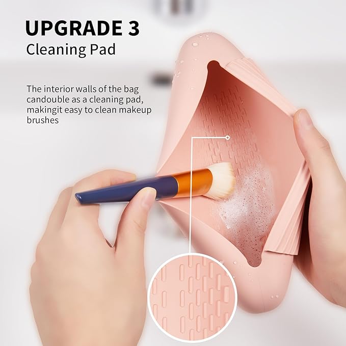 AGIKET 2 IN 1 Silicone Makeup Brush Holder with Beauty Make Up Sponge Holder Case：Soft Portable Cosmetic Face Brushes Holder with Upgrade Anti-Fall Out Magnetic Closure - Pink Sand
