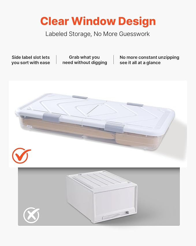 VEVOR Under Bed Storage with Wheels, 31.7 x 15.6 x 6.9 inch Underbed Containers, Underbed Shoes Organizer with Lid & Gray Latch, Rolling Under the Bed Storage Bins for Clothes Shoes Blankets, 4 Pack