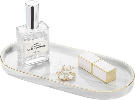 Bathroom Vanity Tray, Marble Ceramic Dresser Jewelry Dish with Golden Rim