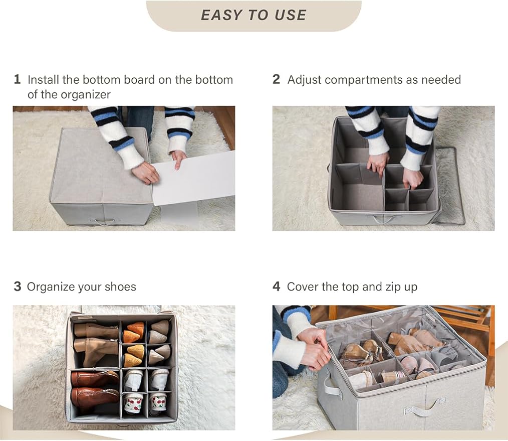 StorageWorks Shoe Organizer for Closet, Shoe Cubby Storage Containers with Adjustable Dividers and Clear Cover, Foldable Shoe Storage Box for Sandals, Sneakers, Fits up to 16 Pairs, Taupe | Fits up to 16 Pairs