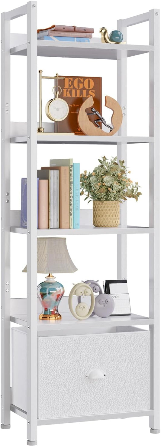 5 Tier Bookshelf with Drawer, Tall Narrow Bookcase with Shelves, White