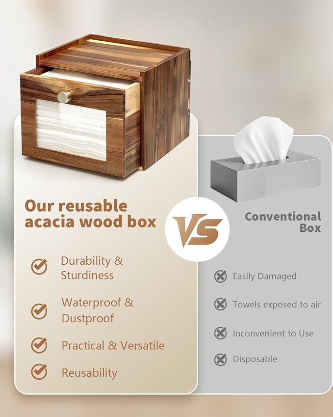 Disposable Face Towel Holder, Acacia Wood Storage Drawer Compatible with XL Disposable Face Towels, Facial Towel Storage Box for Bathroom Countertop Vanity Organizer & Wall Mount
