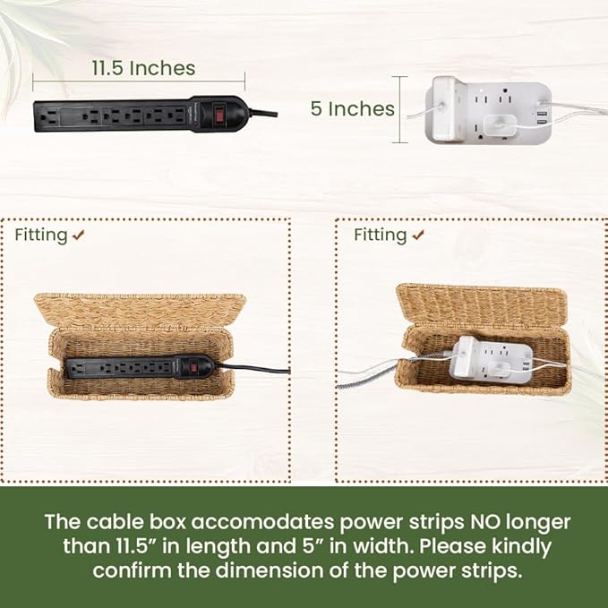 Cable Management Box, Handmade Rattan Cable Organizer with 2 Open Slots, Natural