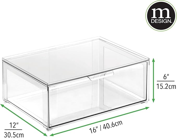 mDesign Plastic Stackable Closet Storage Organizer Bin Containers with Front Pull Drawer for Cabinet, Desk, Shelf, Cupboard, or Dresser Organization - Lumiere Collection - 2 Pack - Clear