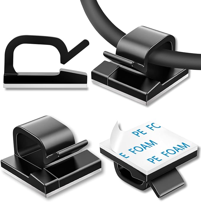 65 Pcs Cable Clips, Adhesive Cable Organizer Cord Holder Wire Clip Wire Management Self Adhesive Hooks Wire Holder for Office, Home(Black, 65PCS -Large)