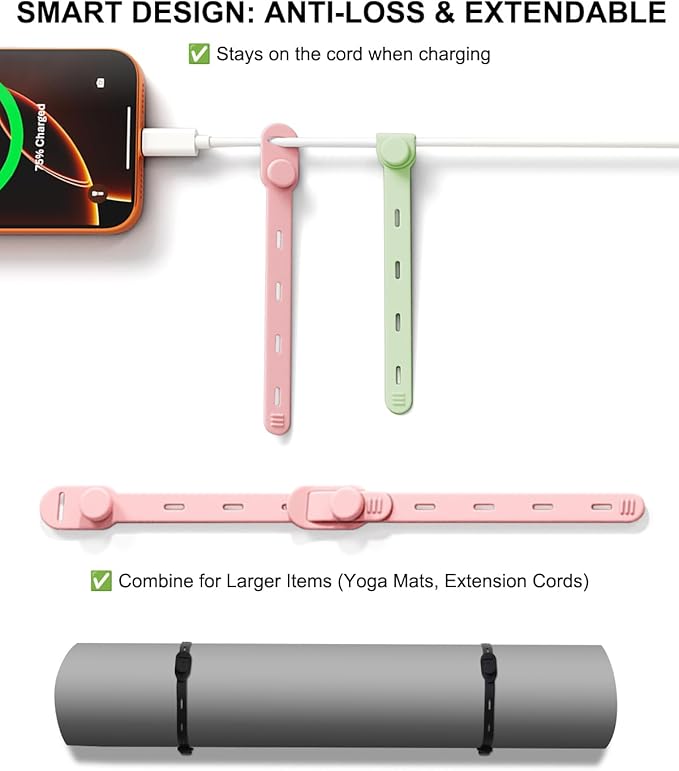 OneLeaf 16Pcs Premium Soft Silicone Cable Ties, Reusable Cord Organizer with Secure Buckle for Phone Charger, Bathroom & Home Organization, Tangle-Free Wire Keepers for Apple Cables - White