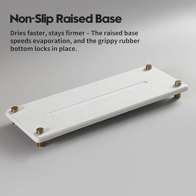 Razborci Water Absorbing Stone Sink Caddy Kitchen Sink Organizer Tray, Diatomite Bathroom Counter Tray, Gold Faucet Drying Mat Coaster Soap Dish Rack Riser Dispenser Sponge Holder, Beige 12.5" x 4.5"
