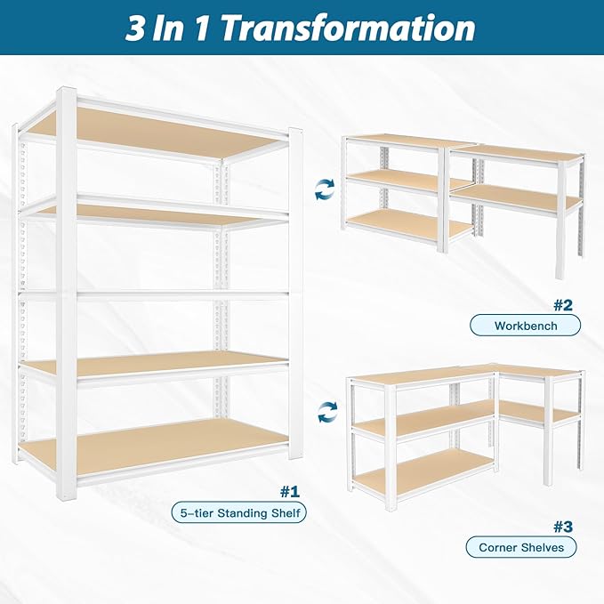PrimeZone 28" W x 12" D x 59" H Closet Storage Shelves - 5 Tier White Metal Connector Shelving, Adjustable Heavy Duty Garage Shelves, Utility Rack Organizer Shelf for Kitchen Pantry Closet, 3 PCS