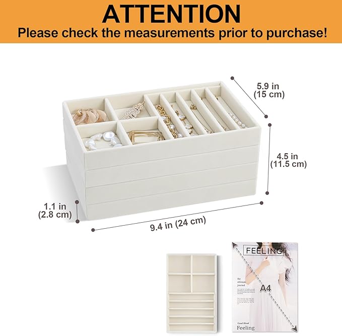ProCase Stackable Jewelry Organizer Trays for Drawers, Jewelry Drawer Inserts Container Display Case Storage for Earring Necklace Rings Bracelet with Removable Dividers -Beige, 4 Layers