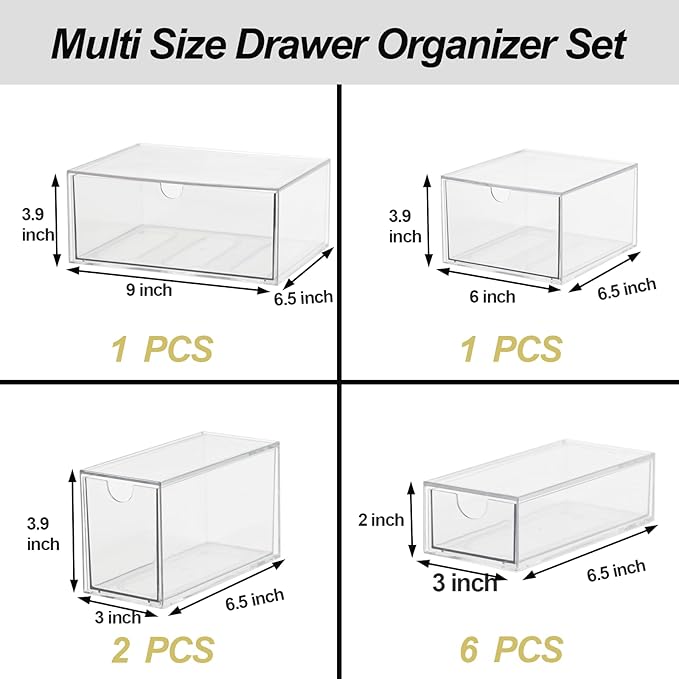 Acrylic Makeup Organizer, 10 Drawers Clear Storage Organizer Desktop Stackable Storage Drawers, Plastic Organizer Bins for Makeup, Stationery, Cosmetics, Vanity, Bathroom,Cabinet,Pantry Office Desk