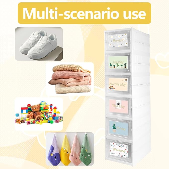 6 Shelf Weekly Clothes Organizer for Kids, Foldable Days of The Week Clothes Organizer with Door Hanging Closet Organizer Storage for Boys and Girls Monday Through Friday Essential Stuff (White)