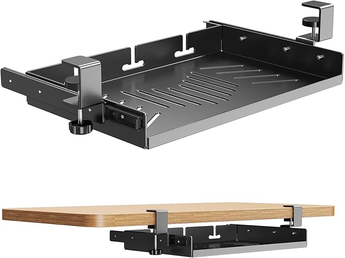 Sliding No Drill Under Desk Laptop Mount, Metal Under Desk Storage Shelf with Cable Management, Slide Out Laptop Storage Tray for MacBook, Mac Mini, Fits Office Workstations(Black with slid rail)