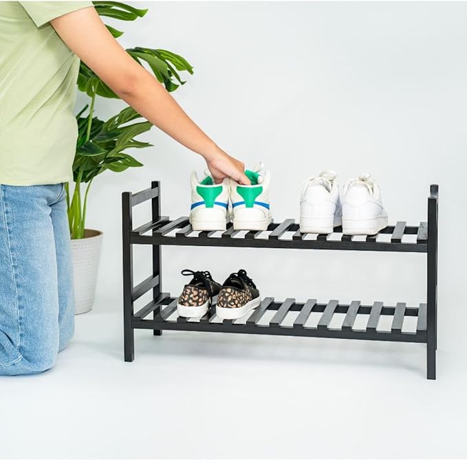 PJ Wood Stackable Wooden Shoe Rack Organizer for Closet Storage, Entryway Shelves, Tiered Cabinet for Shoes, 6 Pair Capacity, Black