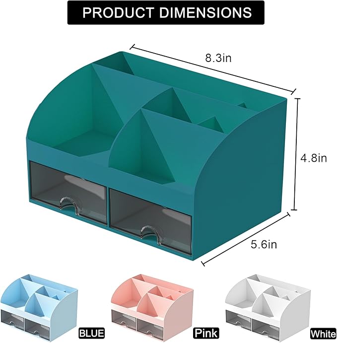 Desk Organizer with 6 Compartments and 2 Drawers, Dark Green