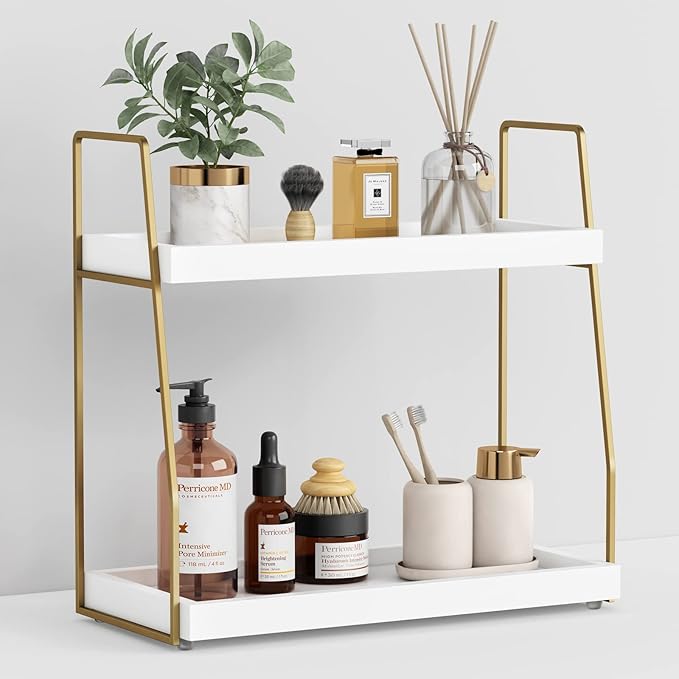 Bathroom Organizer Countertop, 2 Tier, White and Gold