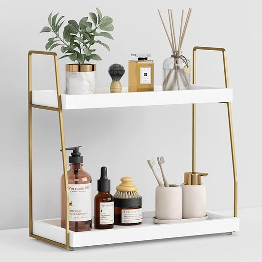 Bathroom Organizer Countertop, 2 Tier, White and Gold