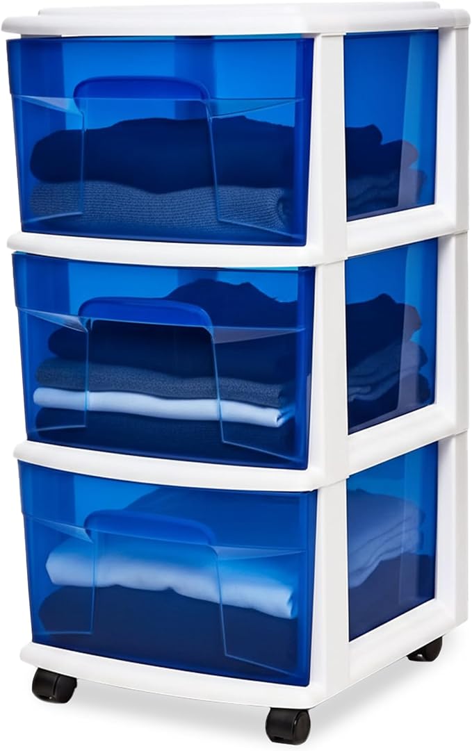 Drawer Tower, 3-Tier Clear Blue Plastic Storage Organizer Cart, White Frame