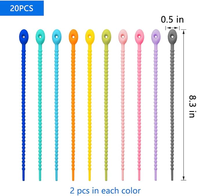 BIGEBO 20 PCS Colorful Silicone Cable Ties, Reusable Rubber Twist Tie Bag Clip Bread Tie Zip Ties Adjustable Cable Cord Wraps Management Organizer