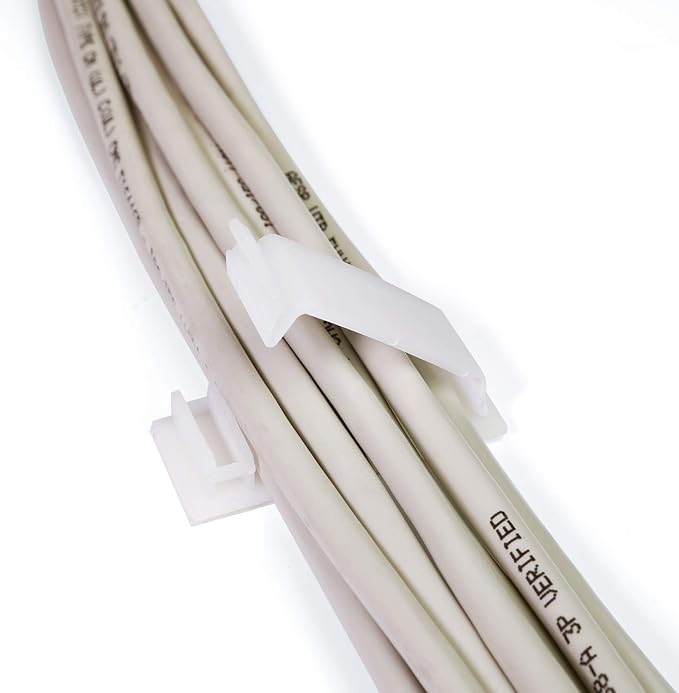 Cable Clips 3M Adhesive, Multipurpose Wire Clamps for Cable Management and Cable Runs - 50 Pack White Bundled with 10 Reusable Cable Ties