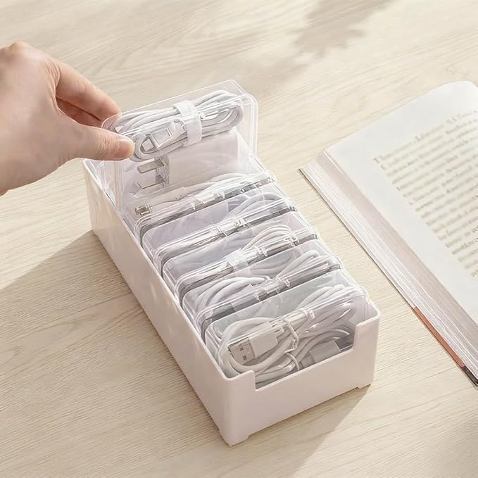 RayHenry Cable Organizer Box with 7 Clear Switch Case, Desktop Charger Cord Storage Organizer Box for Home Office Desk Accessories Wire Organization Stationery Supplies (white)