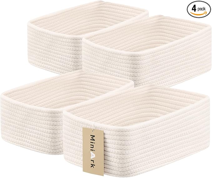 MiniArk Small Storage Baskets for Organizing | Closet Organizer Bins | Shelf Toy Basket | Woven Rope Baskets | Cube Decorative Box | Shallow Basket | 11.5x7.5x4.7” | 4 Packs Off White