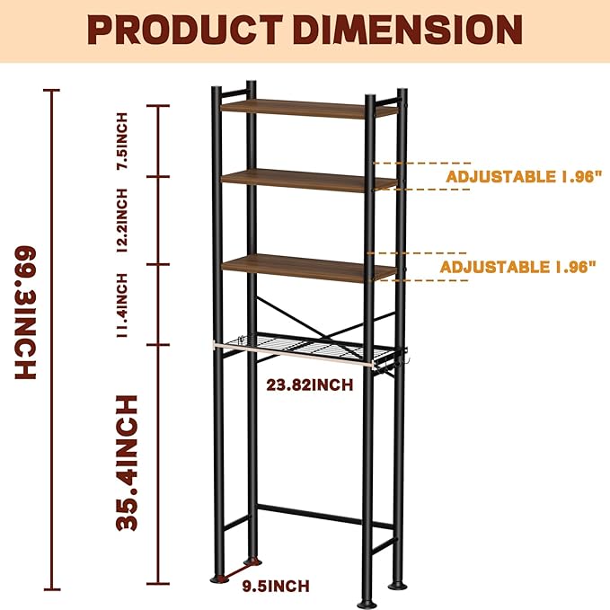 4-Tier Over Toilet Storage with Anti-Tilt Safety System, 69.3" H, Brown