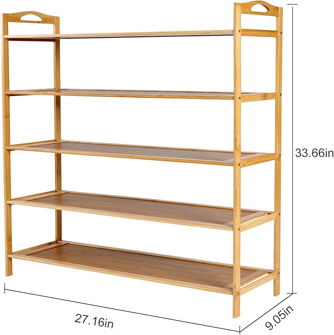 5 Tier Bamboo Shoe Rack, Free Standing Shoe Racks, Shoes Rack Organizer, Bamboo Wood Shoe Rack for Entryway and Closet Hallway (27.5" x 9.25" x 34.3")