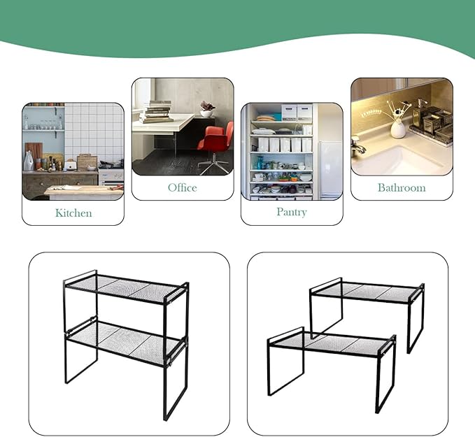 2 Pack Stackable Cabinet Shelf Organizer - Heavy-Duty Coated Metal Storage Rack, Non-Slip Space-Saving for Kitchen Pantry, Under Sink, Cupboard, Countertop (Mesh White)