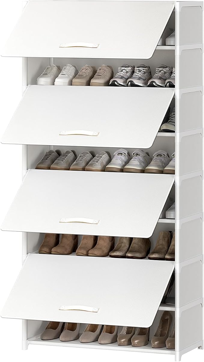 Shoe Rack, 9 Tier Shoe Storage Cabinet with Door 36 Pair Plastic Shoe Shelves Organizer for Closet, Entryway, Hallway, Bedroom, White