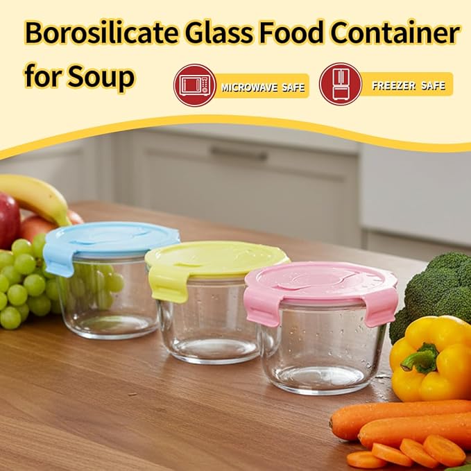 2 Cup Round Glass Soup Container with Lids and Spoons