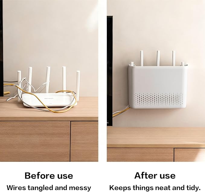 Wall Mounted Router Storage Box - No-Drill WiFi Router Organizer with Heat Dissipation Holes, Cable Management Box for Living Room, Bedroom, Study, Dorm, Apartment