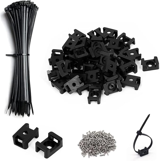 Black Cable Zip Tie Mounts Kit-100 Pcs Cable Zip Tie Saddle Type Mounts Base with 100 Pcs 8" Cable Ties and 100 Pcs Tapping Screw, Wire Cable Clips Organizer Holders Clamps