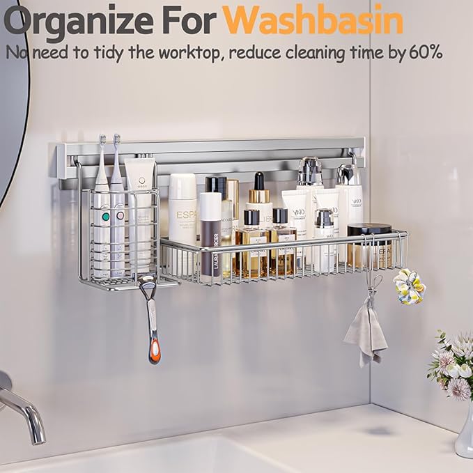 Adhesive Shower Caddy, Shower Organizer with Sliding Rail