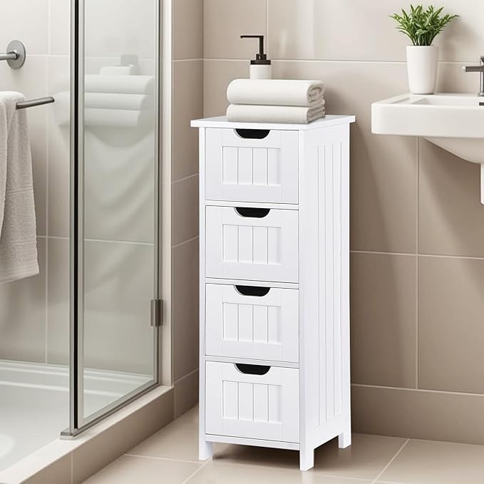 Bathroom Floor Storage Cabinet, Freestanding Wooden Side Organizer w/4 Drawers & Anti-Tip Kit for Bathroom Living Room Hallway Office Study, White | Freestanding