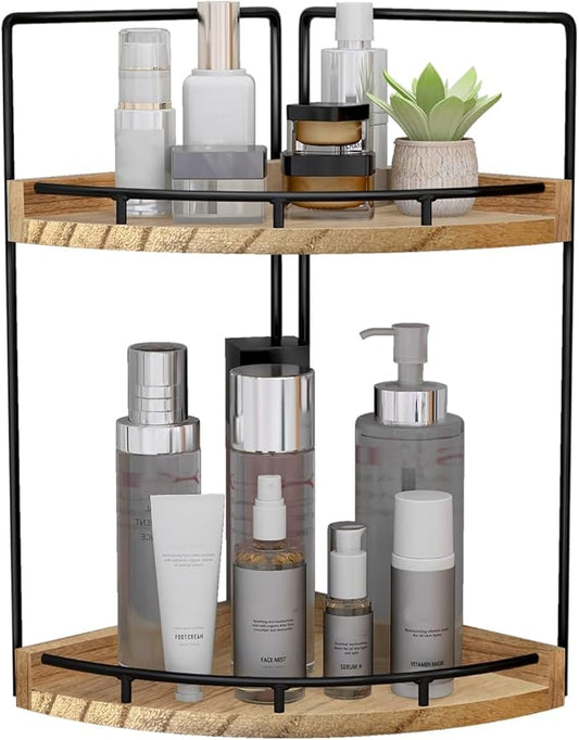 2-Tier Bathroom Counter Organizer, Vanity Counter Corner Shelf, Skincare, Brown