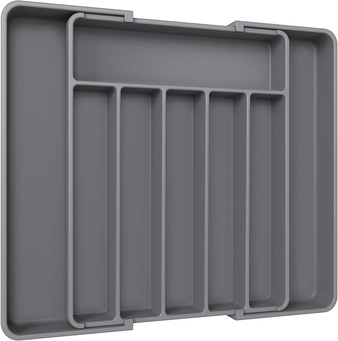 Aujen Silverware Organizer - Expandable Kitchen Drawer Organizer, Adjustable Utensil Organizer, Cutlery Tray for Forks, Knives, Multipurpose Kitchen Organizers and Storage Solution, Grey, Large