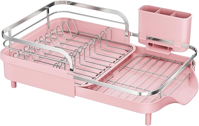 Dish Drying Rack, Expandable Dish Rack for Kitchen Counter, Pink