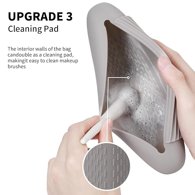 AGIKET Silicone Makeup Brush Holder Travel Cosmetic Bag：Soft Portable Cosmetic Face Brushes Holder with Upgrade Anti-Fall Out Magnetic Closure, Large Travel Makeup Brush Case - Stone