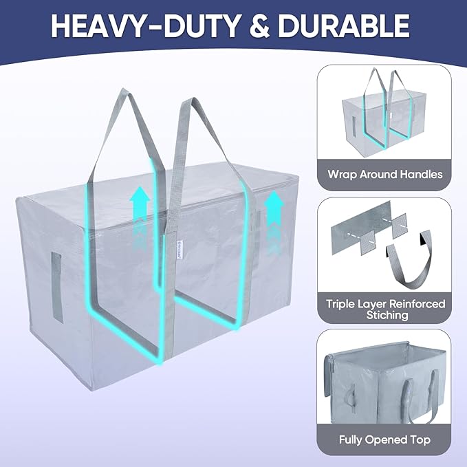 TICONN 2 Pack Extra Large Moving Bags Heavy Duty with Zippers & Carrying Handles, Durable Storage Bags Moving Boxes for Closet Organizers and Storage (2 Pack, Light Grey)