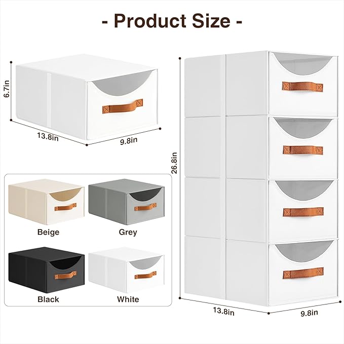 Homsorout Stackable Storage Drawers - Collapsible Storage Bins with Drawers, 8 Pack Closet Shelf Organizer Basket, Fabric Pull Out Organizer for Bedroom, Living Room, Dorm, White