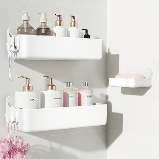 Adhesive Wall Shelf, Shower Shelves, White, 3 pieces