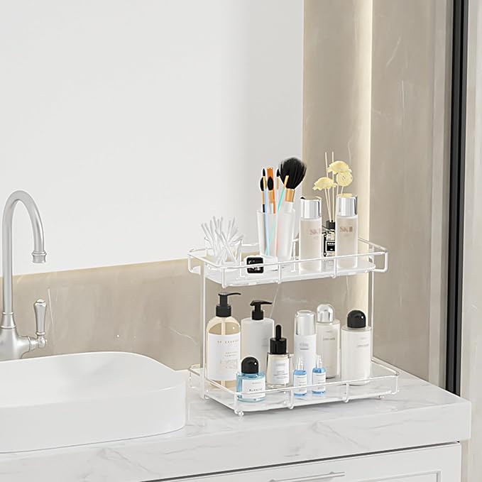 Bathroom Organizer Countertop Perfume Organizer Makeup Organizer Cosmetics Storage Display Rack Vanity Tray Dresser Stainless Steel Gold Shelf White Marble Ceramic Tray