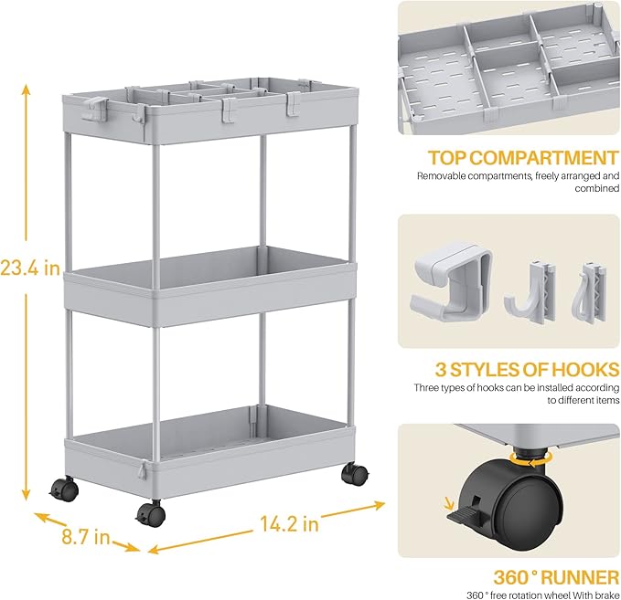 3 Tier Rolling Cart with Wheels, Gray