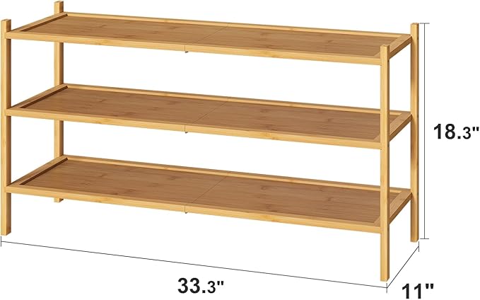 kiplant Long Shoe Rack, Bamboo Wood 3-Tier Shoe Rack for Entryway, Stackable | Foldable | Natural, Shoe Organizer for Hallway Closet, Free Standing Shoe Racks for Indoor Outdoor